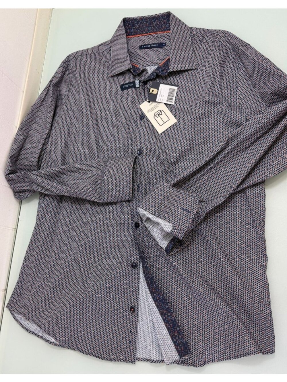Stone Rose Shirt Mens XL Blue Long Sleeve Geometric Lightweight Cotton Stretch
